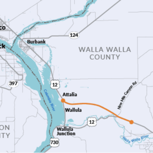 A map of Highway 12 between the Tri-Cities and Touchet.